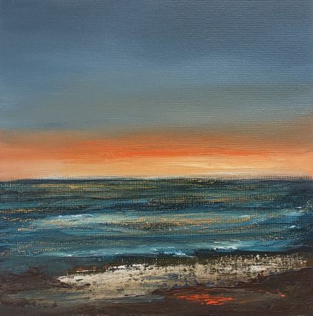 Square sunset abstract seascape painting in dark blues and warm orange