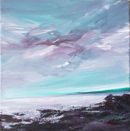 Pink, lilac and turquoise seascape painting with a rocky shore