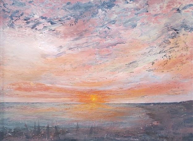 Glowing sunset seascape painting in acrylic