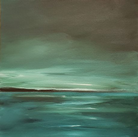 Square serene green moon seascape painting